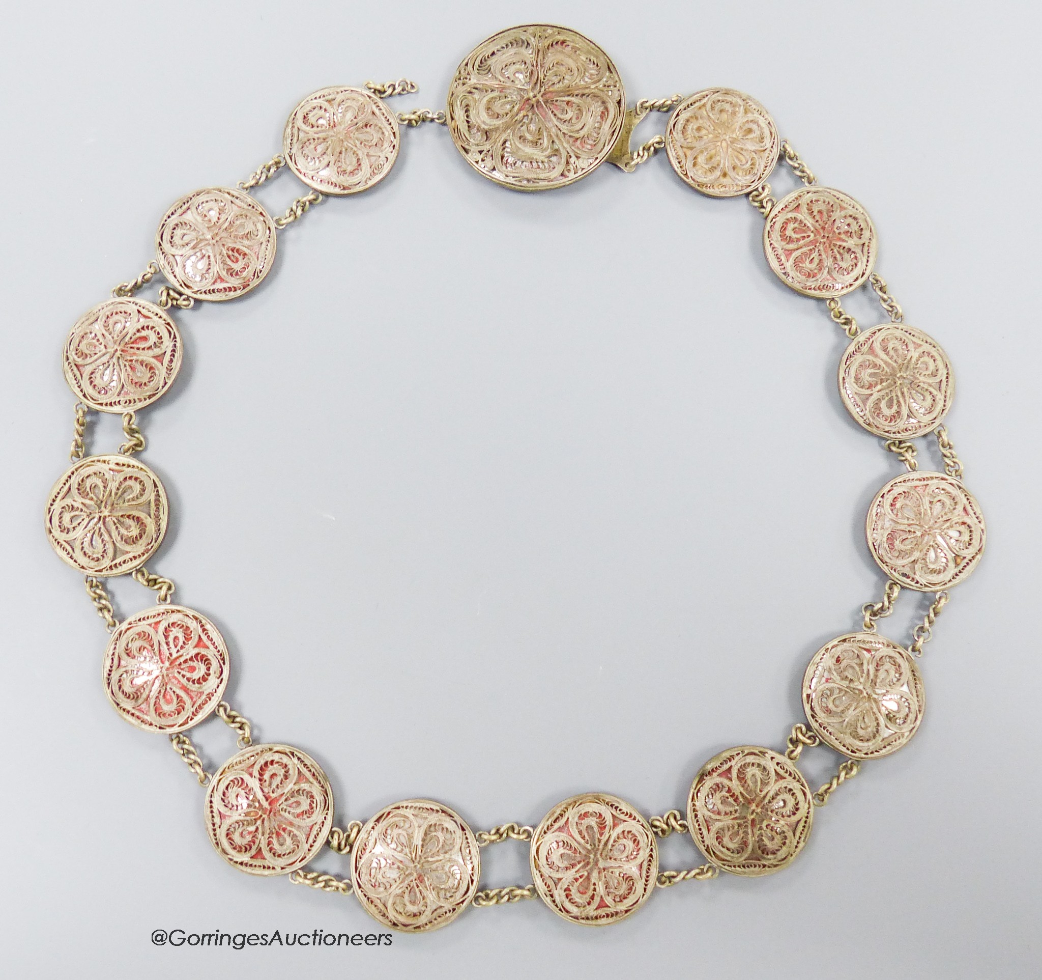 A Russian white metal and filigree belt, length 68cm